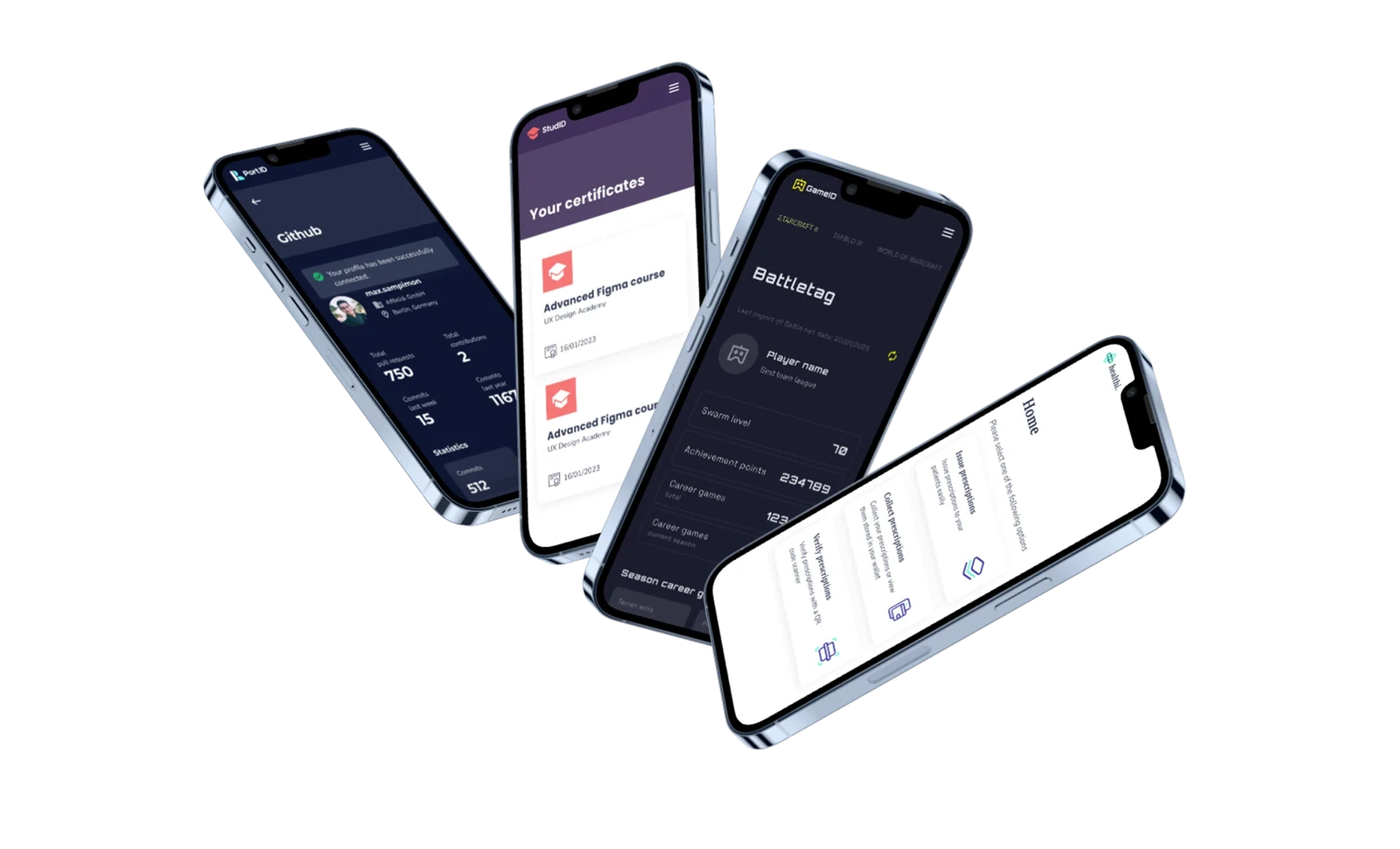 Four iPhones showing Affinidi identity apps