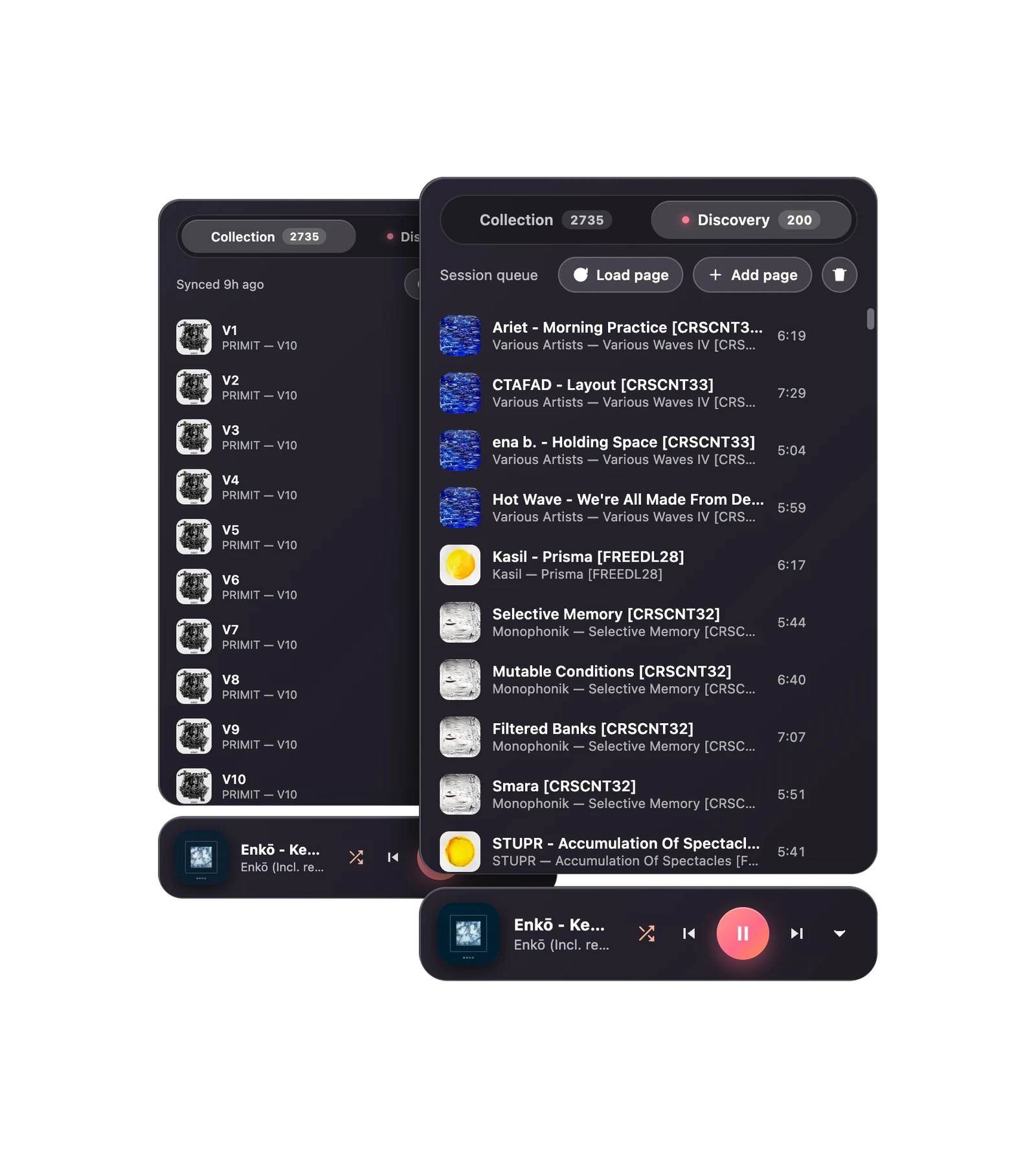 The Bandcamp player's Collection and Discovery panels