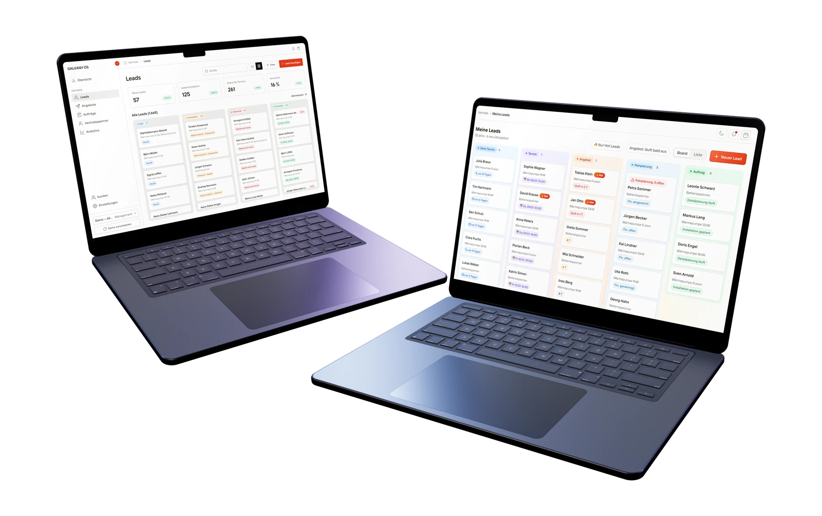 GALVANY OS and the GALVANY Sales Portal on two laptops, facing each other