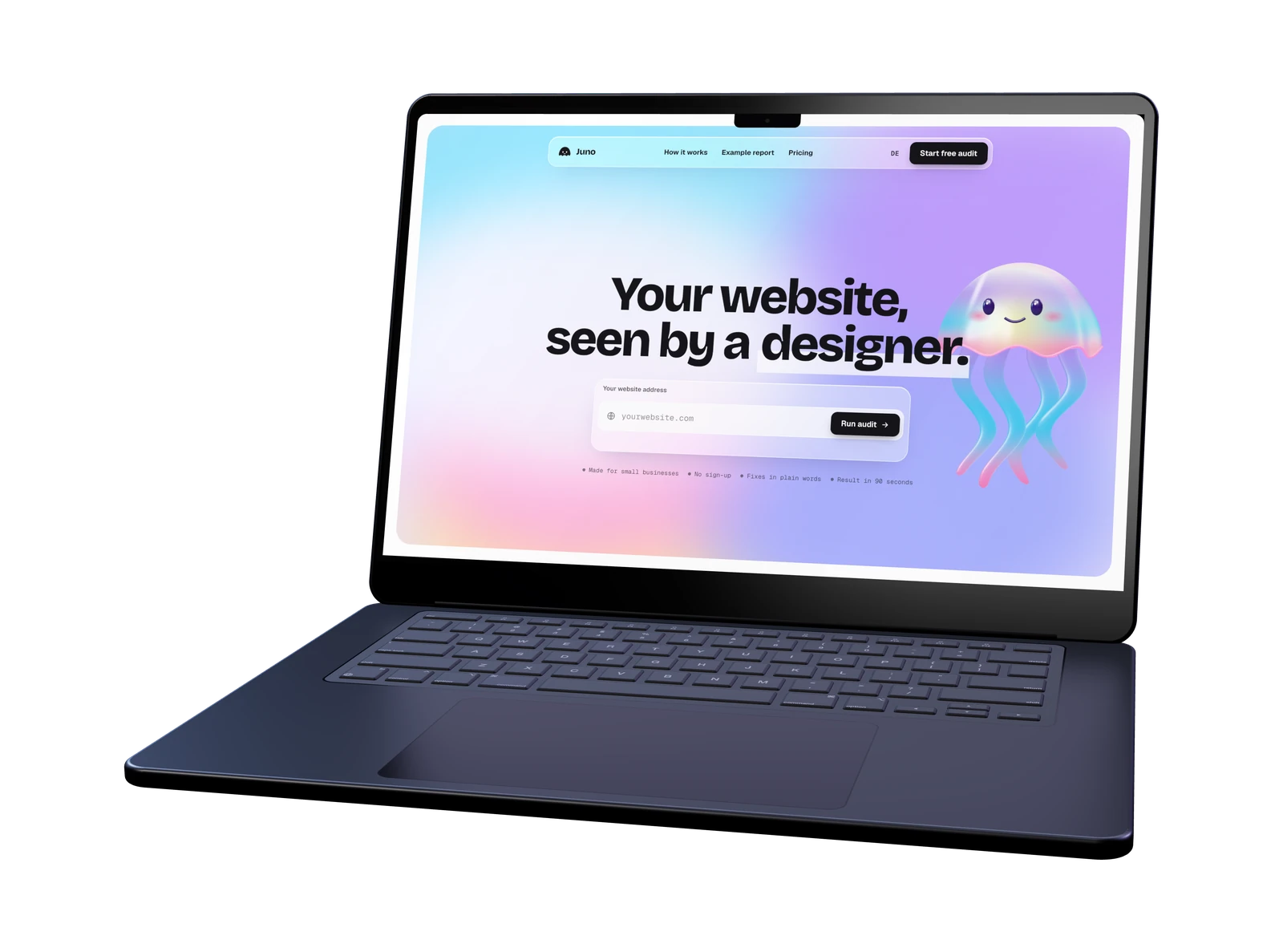 Juno’s homepage on a laptop: “Your website, seen by a designer.” beside Juno the jellyfish
