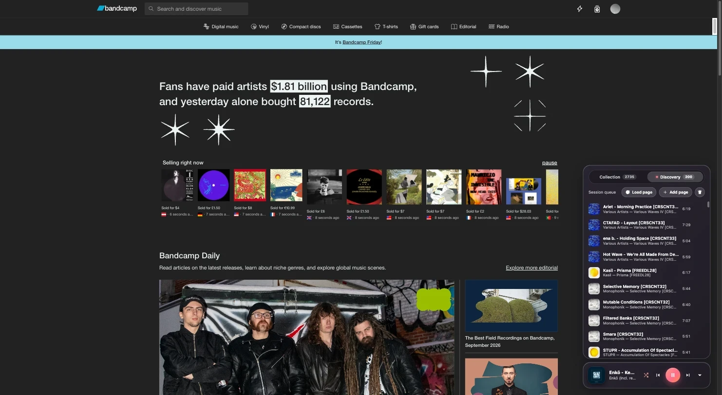 bandcamp.com with the player docked on the right: the Discovery queue over the player
