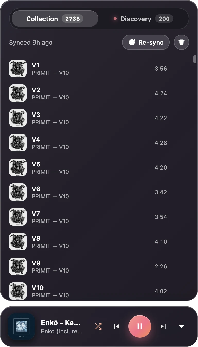 The Collection tab: the synced library, 2,735 tracks, with Re-sync, over the player