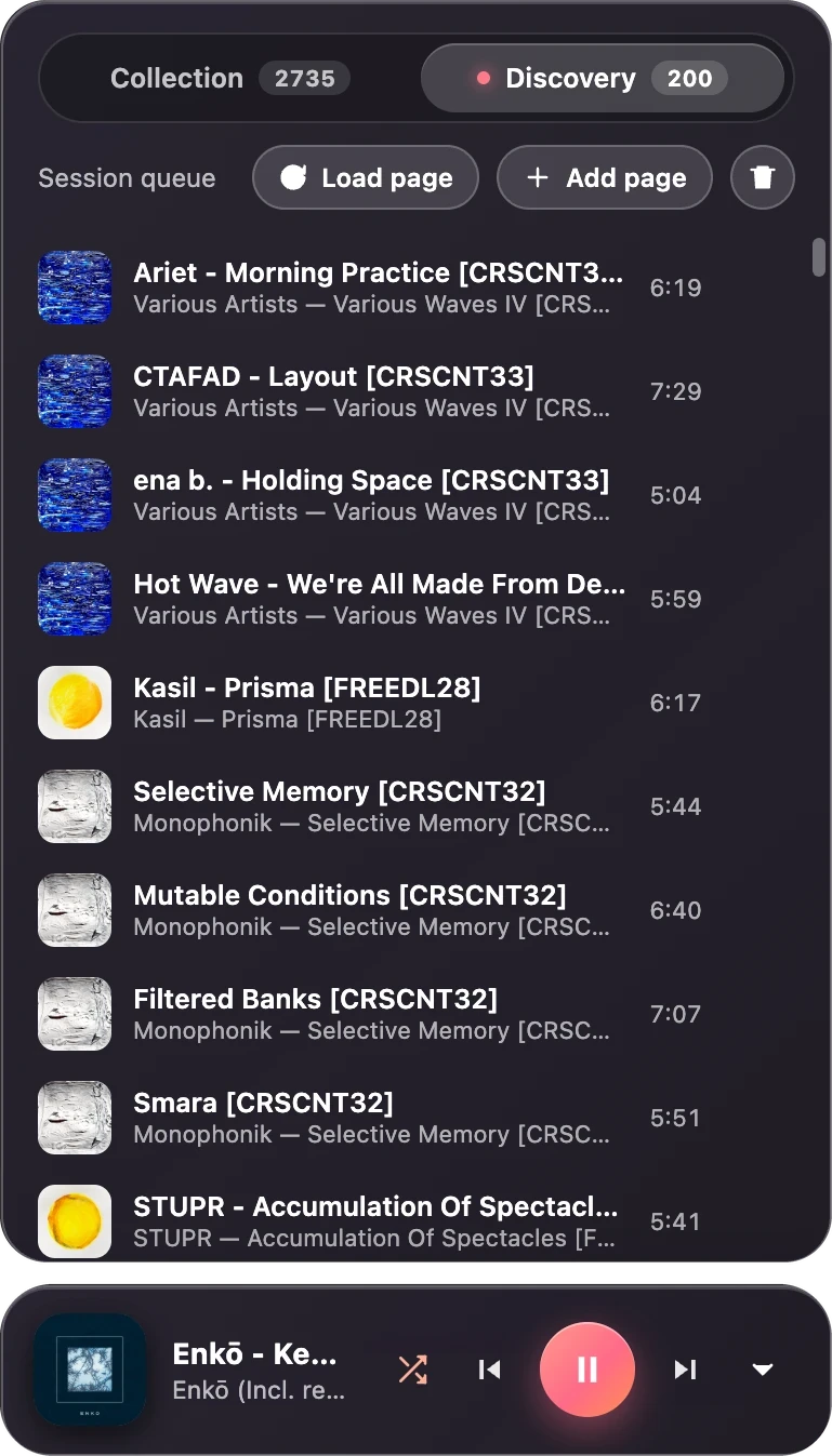The Discovery tab: a session queue of 200 tracks, with Load page and Add page, over the player
