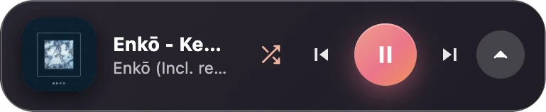 The player collapsed to one bar: artwork, track, shuffle, previous, pause, next and expand