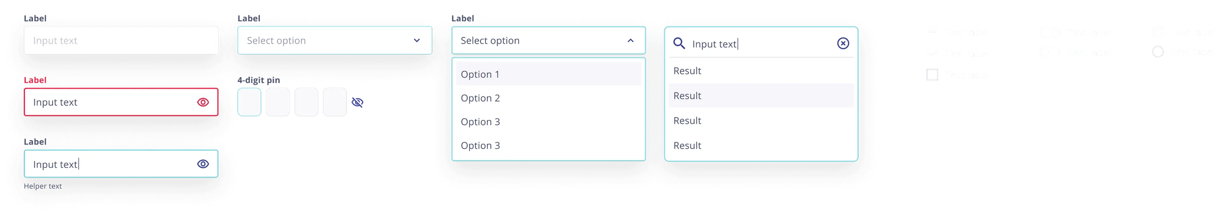 Input and select atoms: text fields, a pin input, dropdowns, a search field, checkboxes, toggles and radio buttons