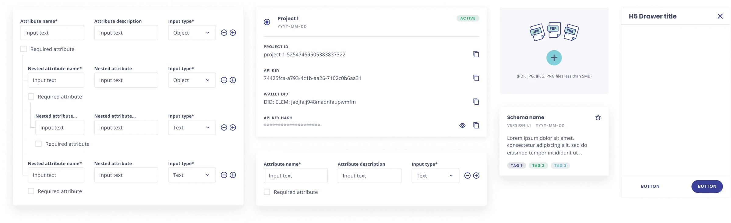 Molecules: an attribute form, a project card, an upload field, a schema card and a drawer