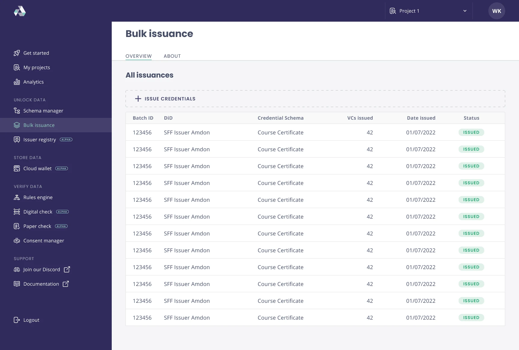 Developer console page: bulk issuance