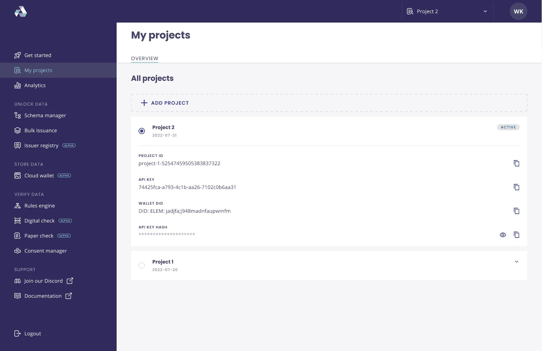 Developer console page: my projects