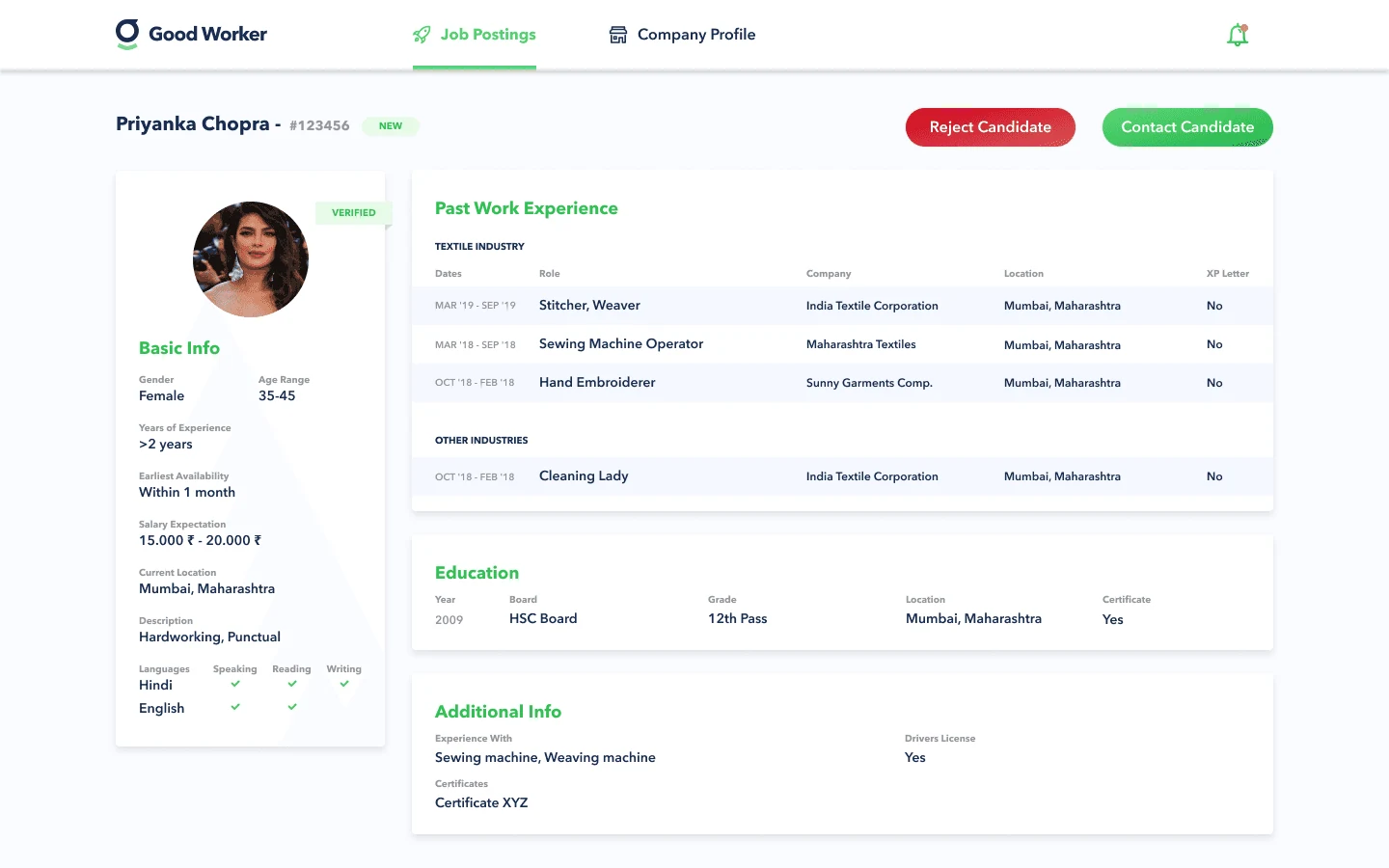 GoodWorker employer portal: a candidate detail page