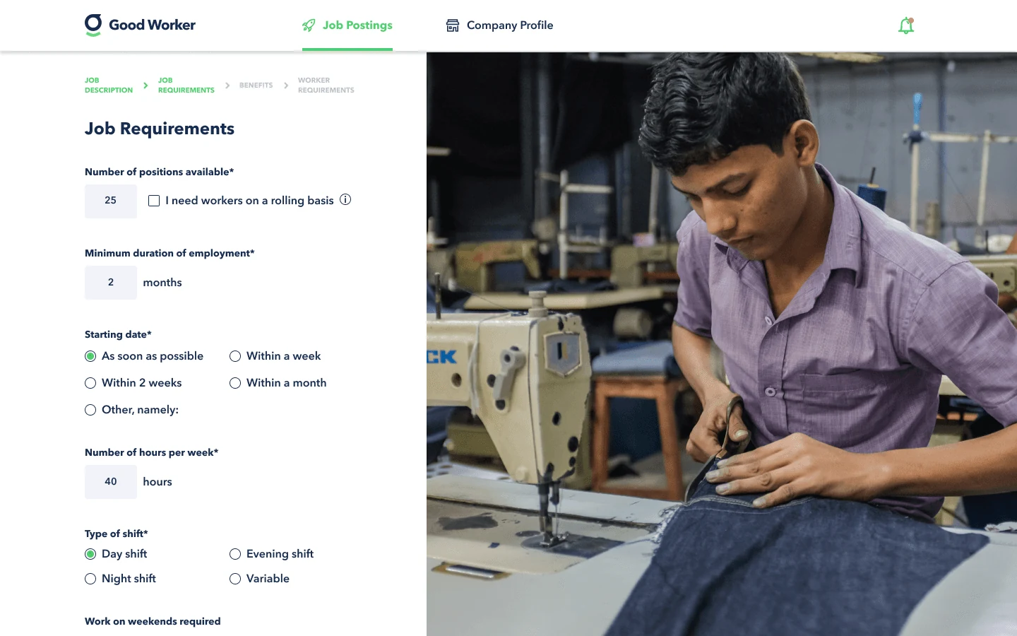 GoodWorker employer portal: creating a new job posting