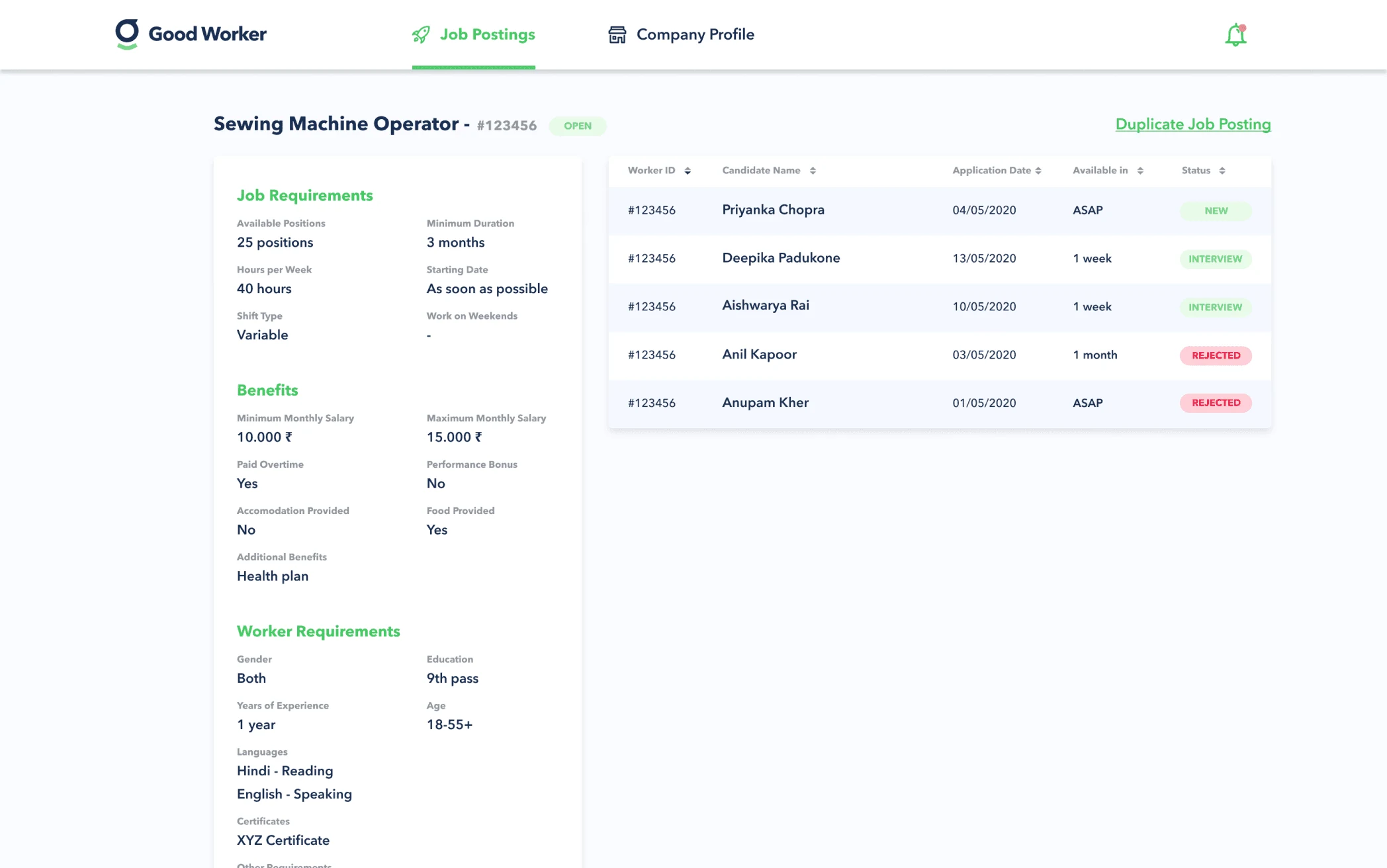 GoodWorker employer portal: a job detail page with its candidates