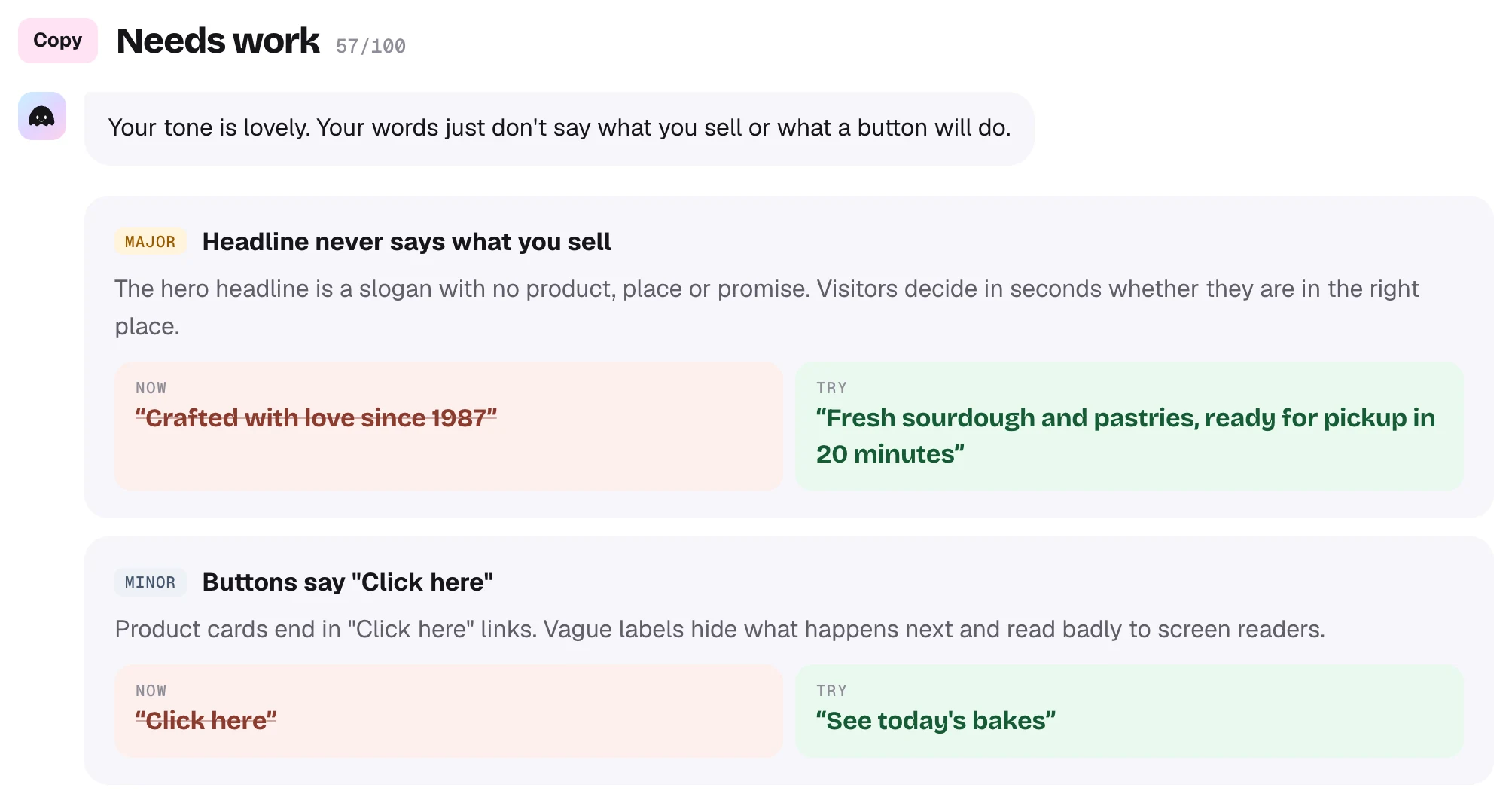 The example report’s copy chapter: a bakery’s current headline beside a suggested rewrite