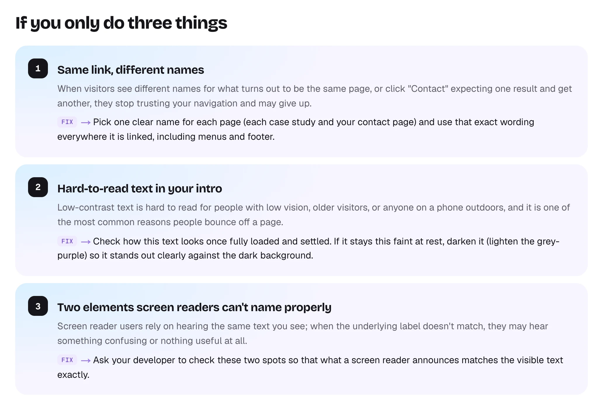 “If you only do three things” from my site’s report: three numbered fixes, each with why it matters