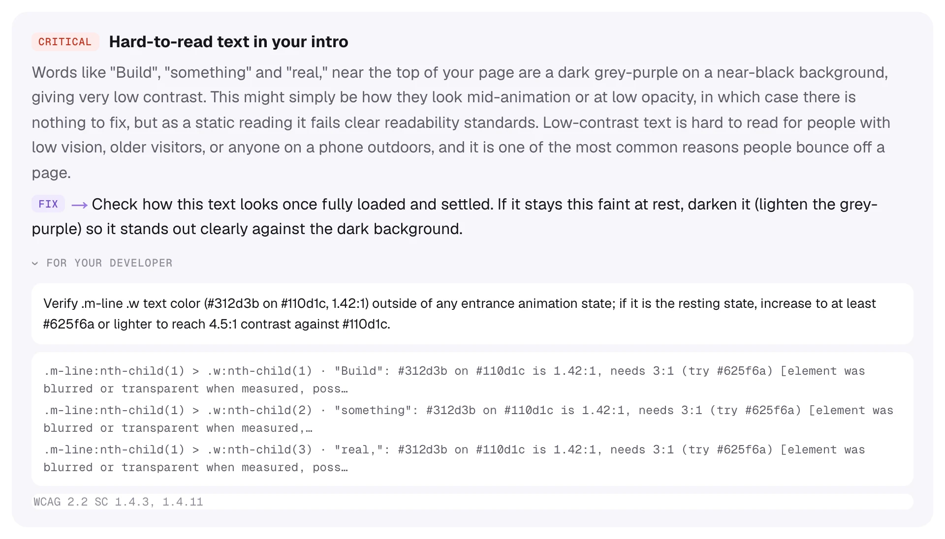 My site’s intro contrast finding: the owner’s version with its fix, and the developer’s note open below