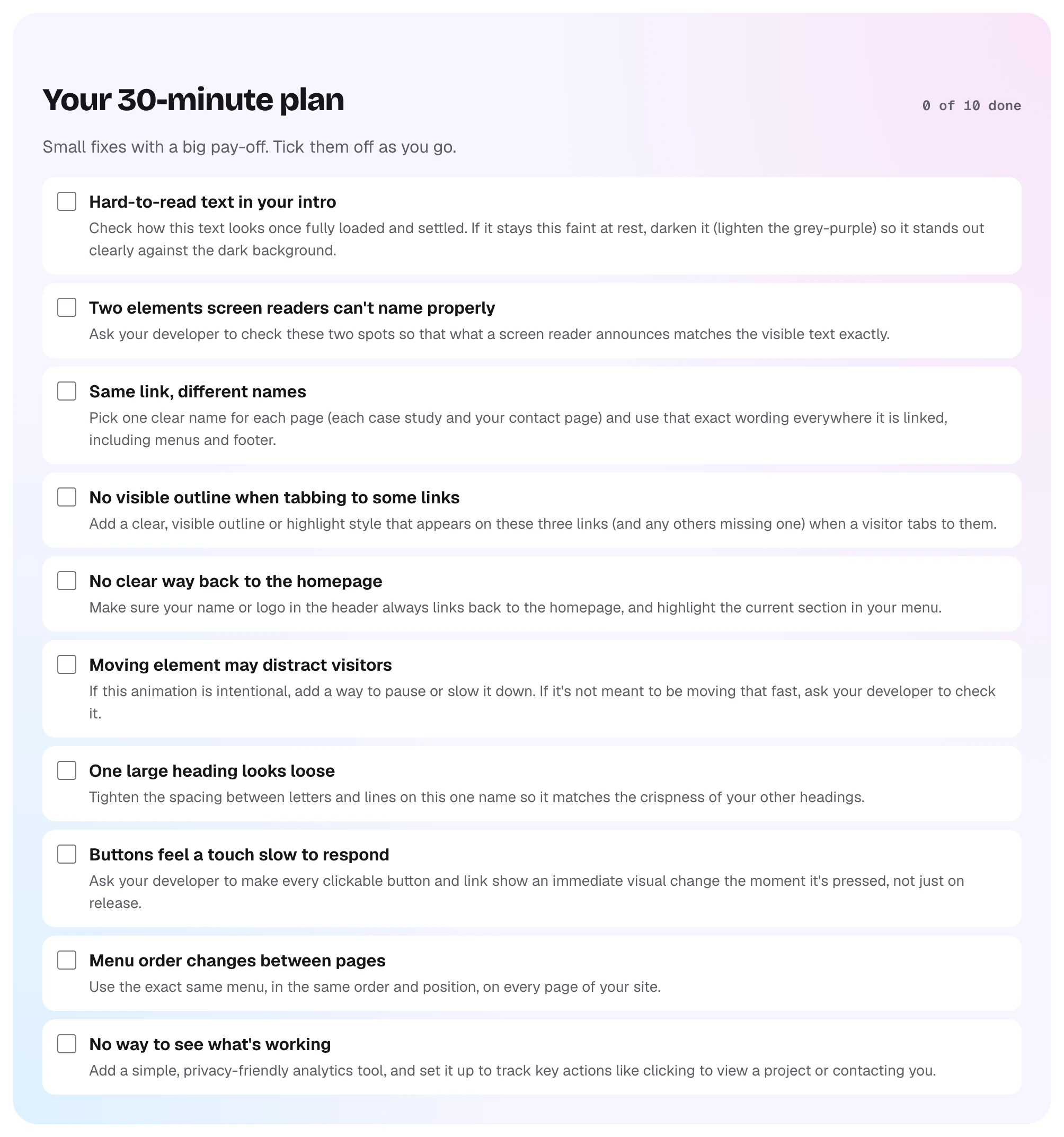 “Your 30-minute plan” from my site’s report: 0 of 10 done, starting with hard-to-read text in the intro