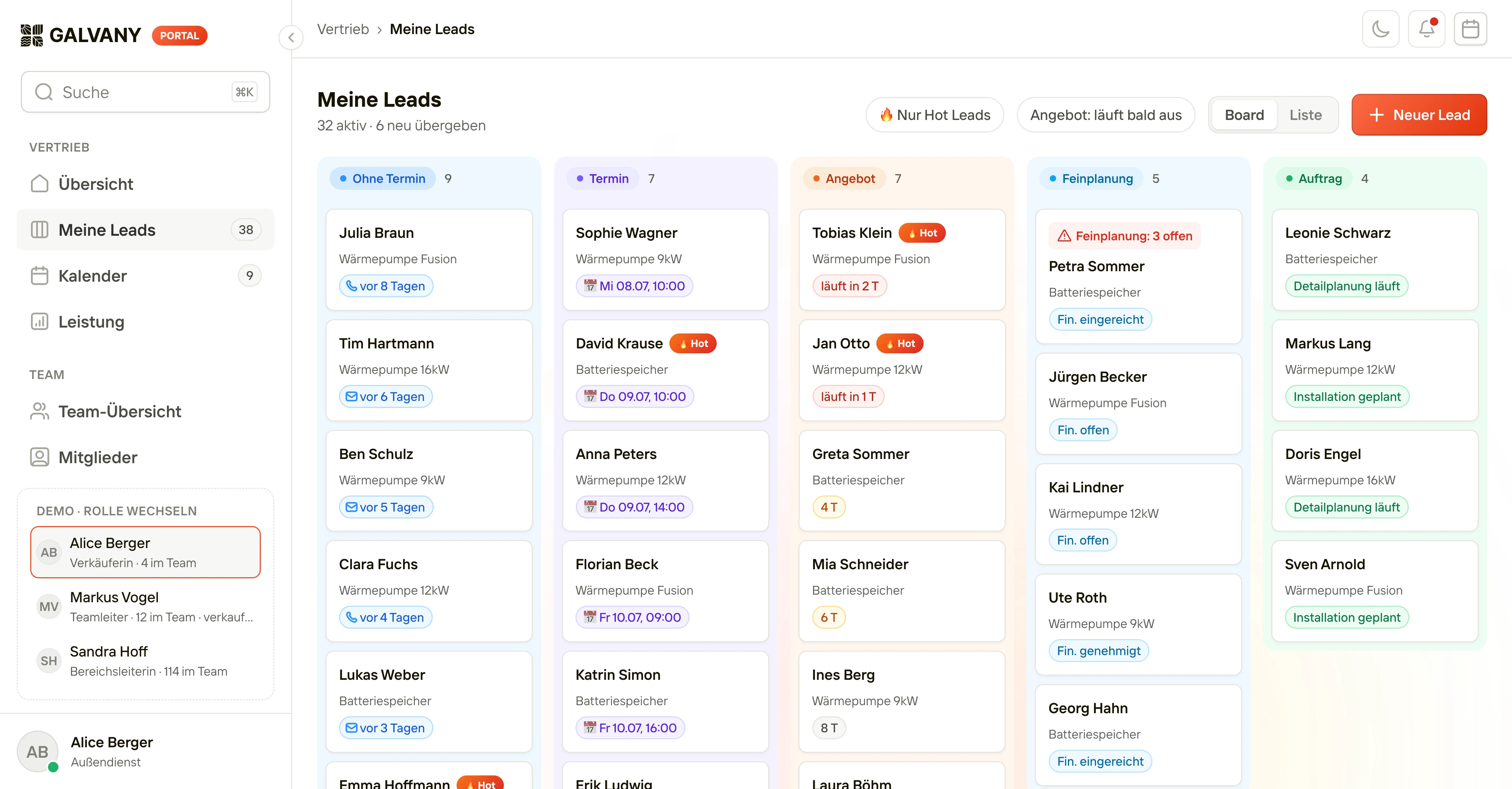 The seller’s leads board in the Sales Portal: no appointment, appointment, offer, detailed planning and order
